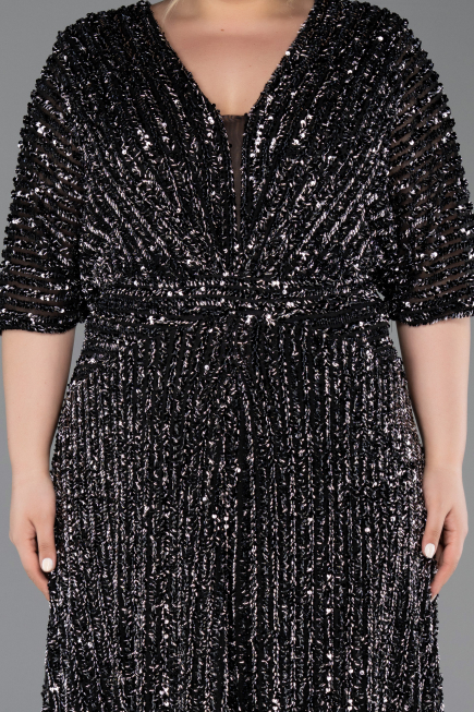 Black-Silver Long Scaly Plus Size Evening Gown ABU5846