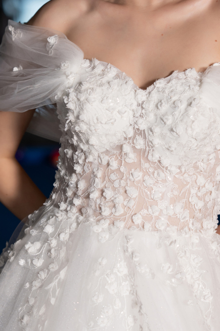 White Floral Boat Neck Glitter Long Wedding Dress ABG100