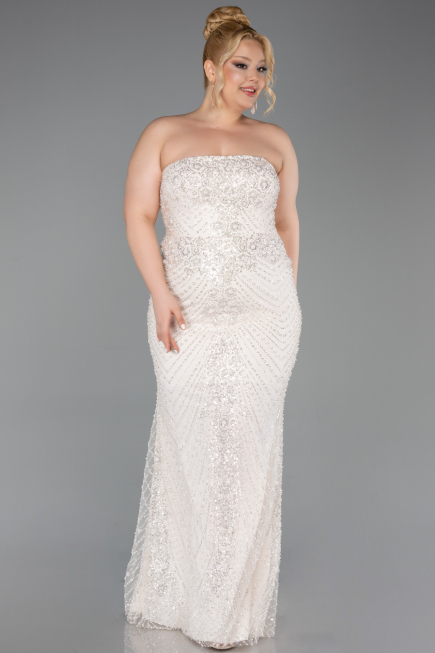 Long Beige Beaded Plus Size Evening Dress ABU6162