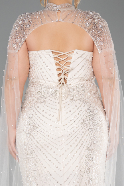 Long Beige Beaded Plus Size Evening Dress ABU6162
