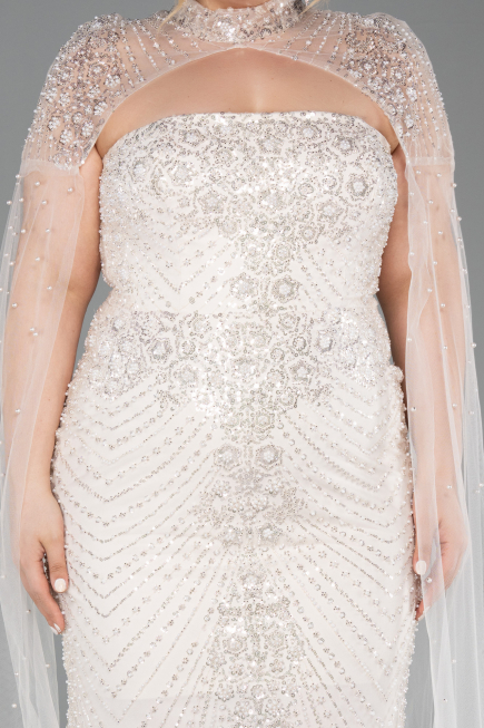 Long Beige Beaded Plus Size Evening Dress ABU6162