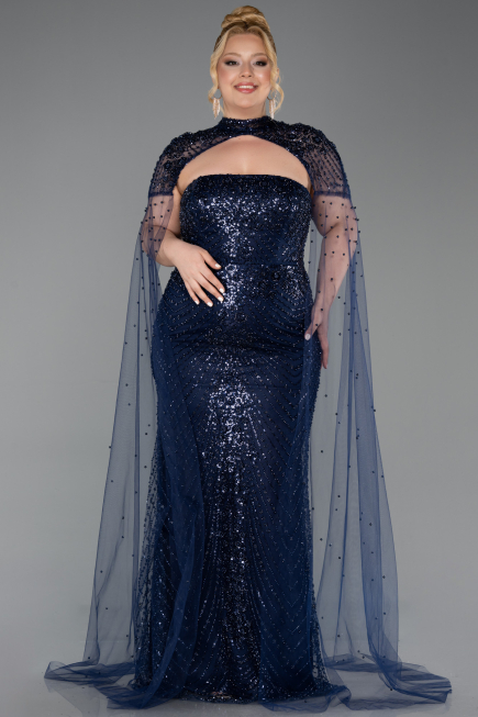 Long Navy Blue Beaded Plus Size Evening Dress ABU6162