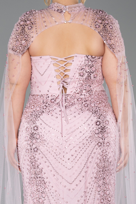 Long Powder Color Beaded Plus Size Evening Dress ABU6162