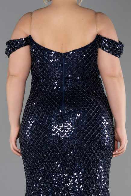 Long Navy Blue Scaly Plus Size Evening Gown ABU6098