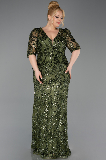 Long Olive Drab Scaly Plus Size Evening Dress ABU6149