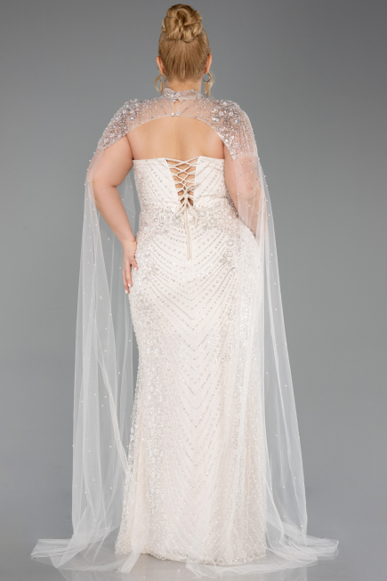 Long Beige Beaded Plus Size Evening Dress ABU6162