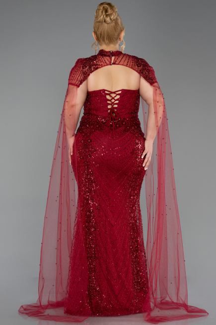 Long Burgundy Beaded Plus Size Evening Dress ABU6162
