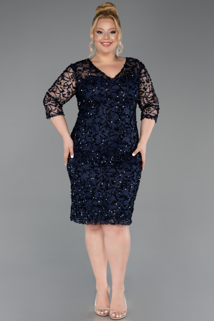Midi Navy Blue Scaly Plus Size Evening Gown ABK2630