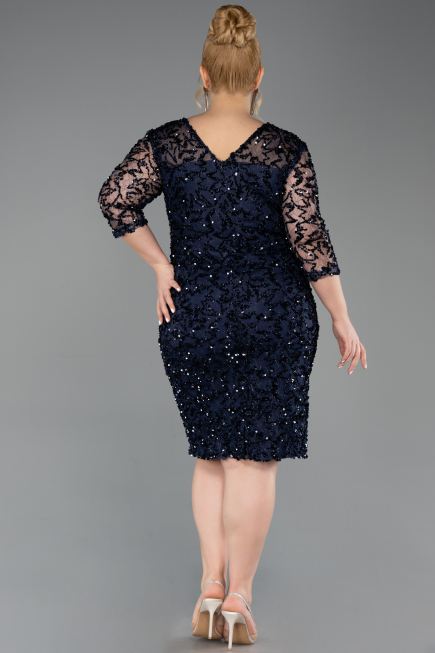 Midi Navy Blue Scaly Plus Size Evening Gown ABK2630