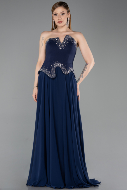 Long Navy Blue Chiffon Evening Dress ABU6188