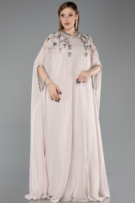 Long Beige Chiffon Plus Size Evening Gown ABU6175