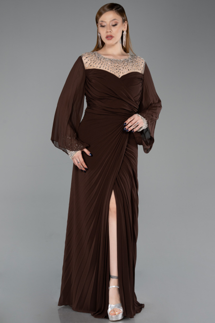 Long Brown Chiffon Plus Size Evening Gown ABU6182