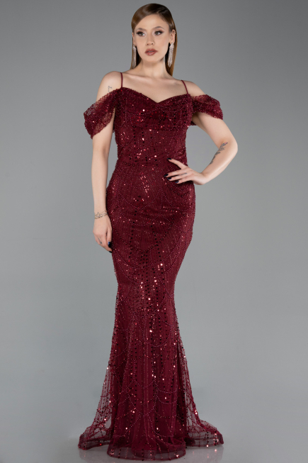 Long Burgundy Beaded Evening Dress ABU6190