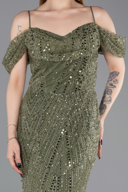 Long Olive Drab Beaded Evening Dress ABU6190