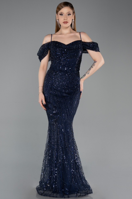 Long Navy Blue Beaded Evening Dress ABU6190