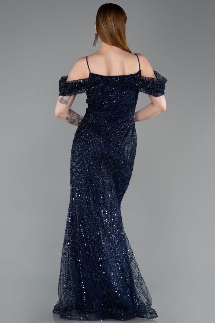 Long Navy Blue Beaded Evening Dress ABU6190