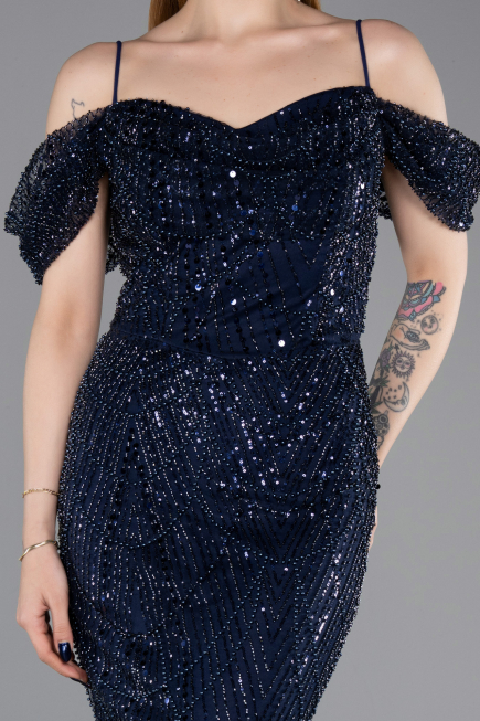 Long Navy Blue Beaded Evening Dress ABU6190