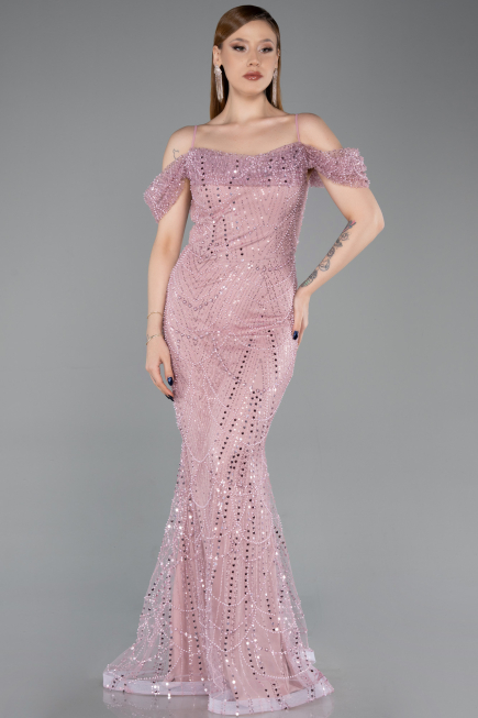Long Powder Color Beaded Evening Dress ABU6190