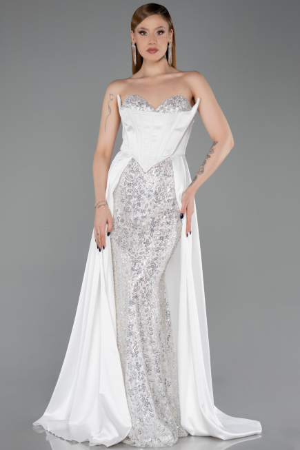 Long White Satin Evening Dress ABU6193