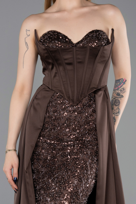 Long Brown Satin Evening Dress ABU6193