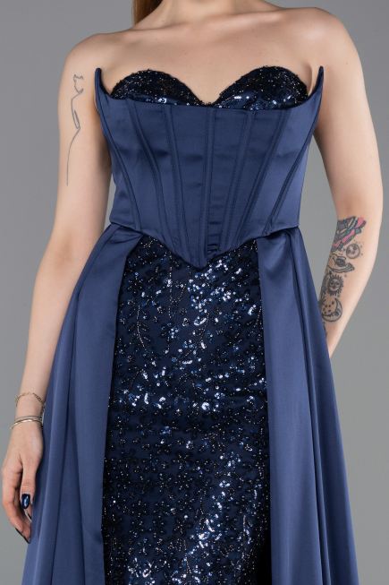 Long Navy Blue Satin Evening Dress ABU6193