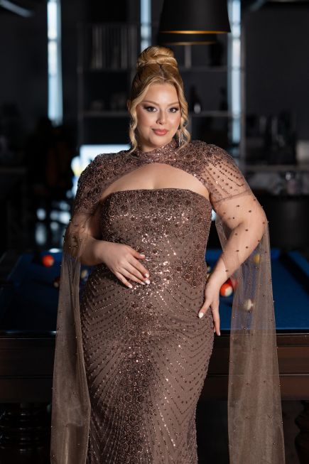 Long Copper Beaded Plus Size Evening Dress ABU6162