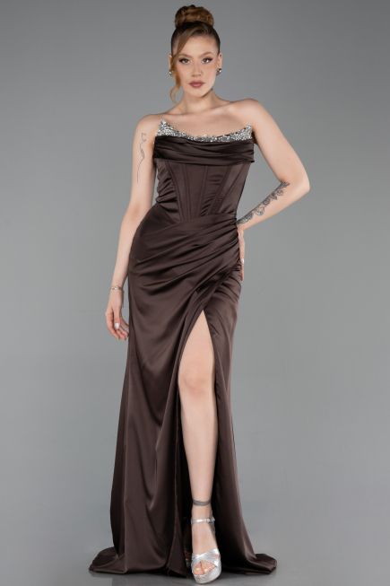 Long Brown Satin Evening Dress ABU6200