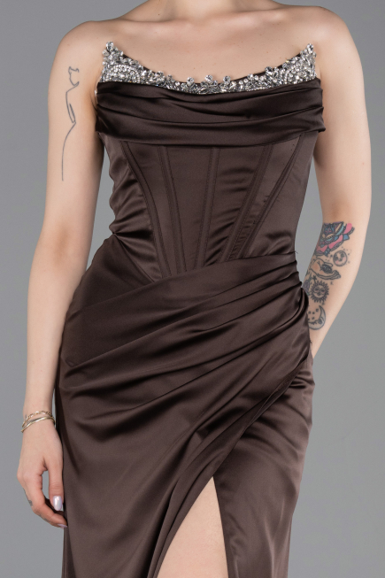 Long Brown Satin Evening Dress ABU6200