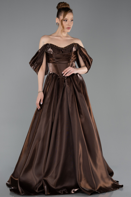 Long Brown Satin Evening Dress ABU6201