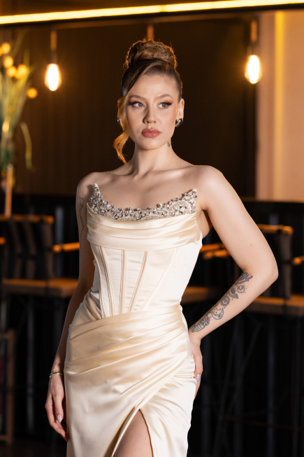 Long Yellow Satin Evening Dress ABU6200