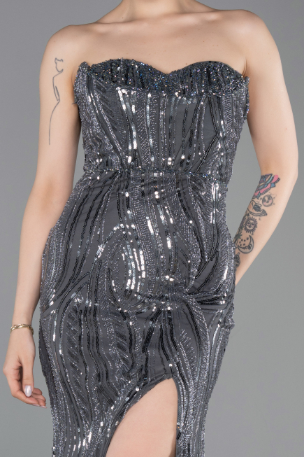 Long Anthracite Beaded Evening Dress ABU6205