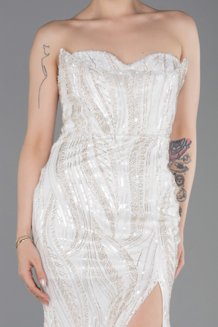 Long White Beaded Evening Dress ABU6205