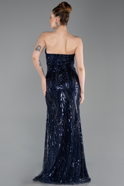 Long Navy Blue Beaded Evening Dress ABU6205