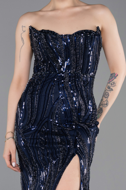 Long Navy Blue Beaded Evening Dress ABU6205