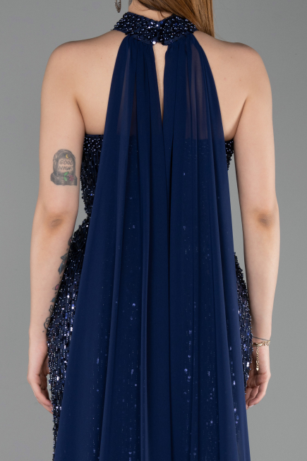 Long Navy Blue Beaded Evening Dress ABU6236