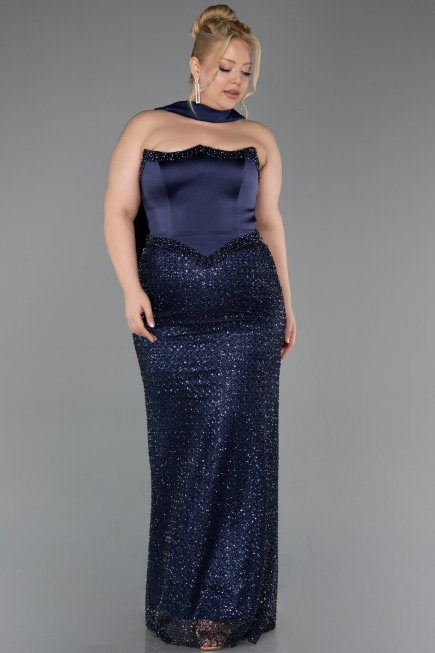 Long Navy Blue Beaded Plus Size Evening Gown ABU6258