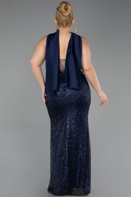 Long Navy Blue Beaded Plus Size Evening Gown ABU6258