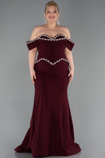 Long Cherry Colored Plus Size Evening Gown ABU6199