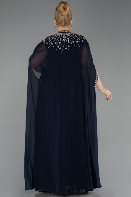 Long Navy Blue Chiffon Plus Size Evening Gown ABU5845