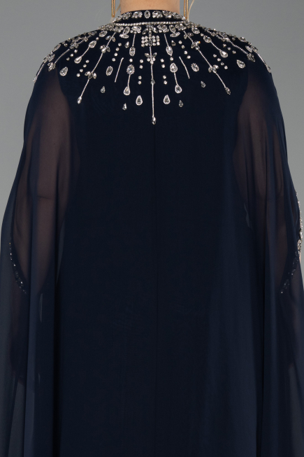 Long Navy Blue Chiffon Plus Size Evening Gown ABU5845