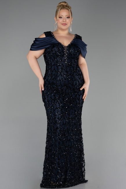 Long Navy Blue Scaly Plus Size Evening Dress ABU6257