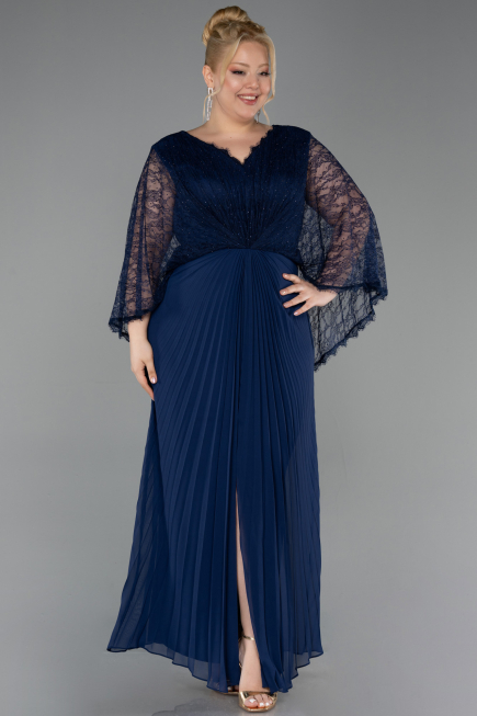 Long Navy Blue Chiffon Plus Size Evening Gown ABU6181