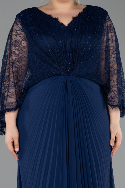 Long Navy Blue Chiffon Plus Size Evening Gown ABU6181