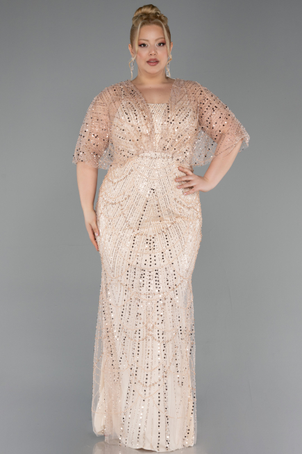 Gold Long Beaded Plus Size Evening Dress ABU5722