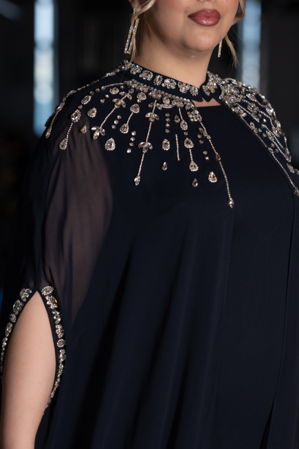 Long Navy Blue Chiffon Plus Size Evening Gown ABU5845