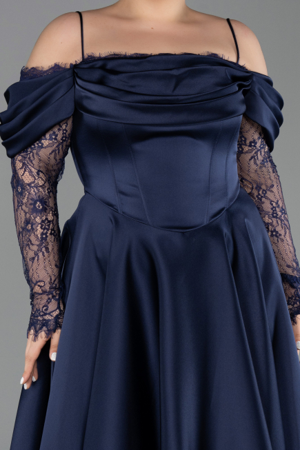 Midi Navy Blue Satin Plus Size Cocktail Dress ABK2652