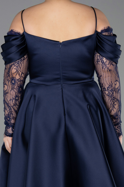 Midi Navy Blue Satin Plus Size Cocktail Dress ABK2652