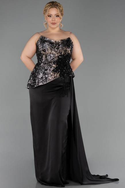 Long Black Satin Formal Plus Size Dress ABU6304