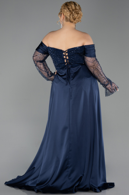 Long Navy Blue Beaded Plus Size Evening Gown ABU6093