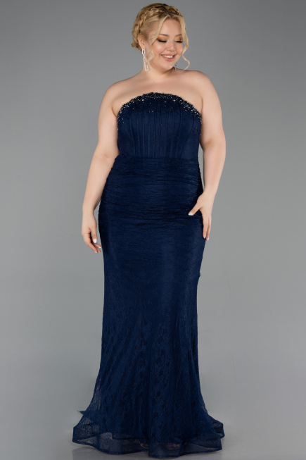 Long Navy Blue Dantelle Plus Size Evening Dress ABU6280
